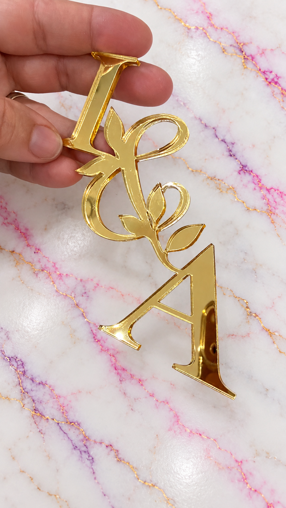 Personalised Initials Gold Mirror Acrylic Cake Topper with Botanical Leaf Design