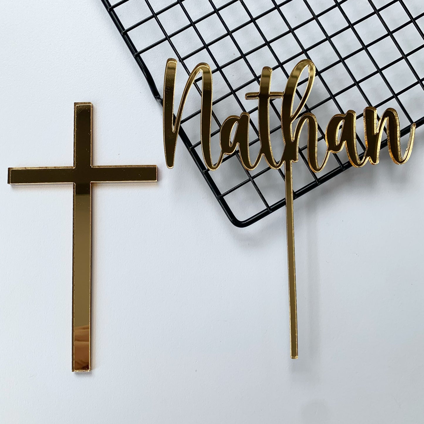 Cross charm and name topper in gold mirror acrylic MEG cookie cutters