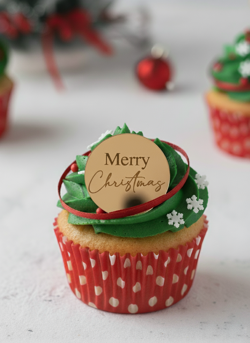 Merry Christmas round cupcake topper in gold mirror acrylic
