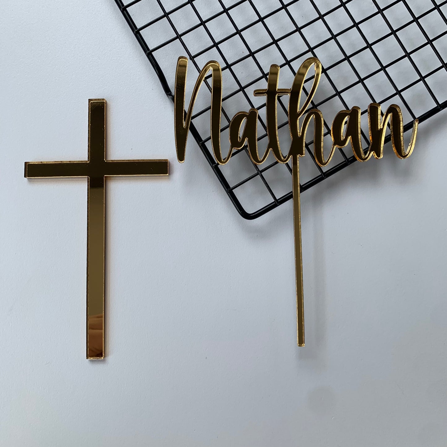 Cross charm and name topper in gold mirror acrylic MEG cookie cutters