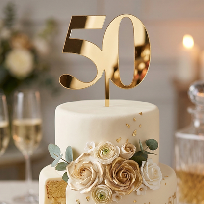 50th birthday cake with floral decorations and gold number 50 on a table with wine glasses and flowers.
