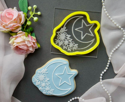Ramadan / Eid - debossing acrylic + matching cutter - floral Moon and star
