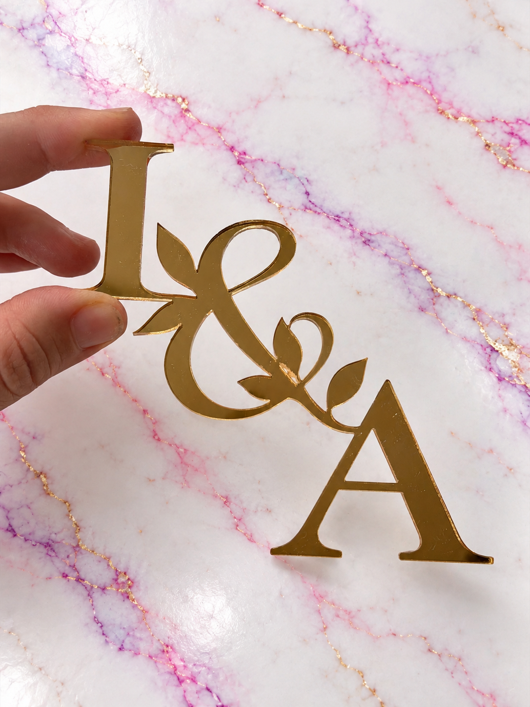 Personalised Initials Gold Mirror Acrylic Cake Topper with Botanical Leaf Design