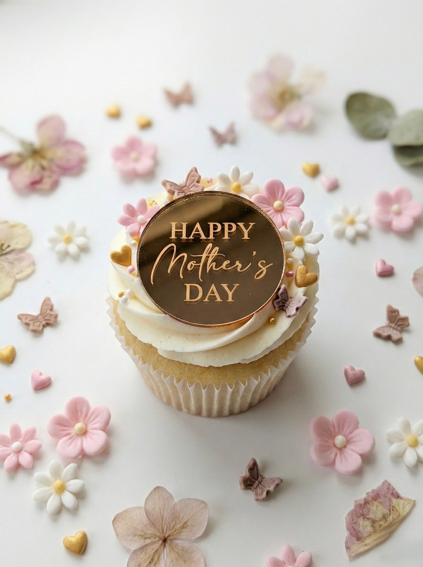 Happy Mother's Day round cupcake topper in gold mirror acrylic disc