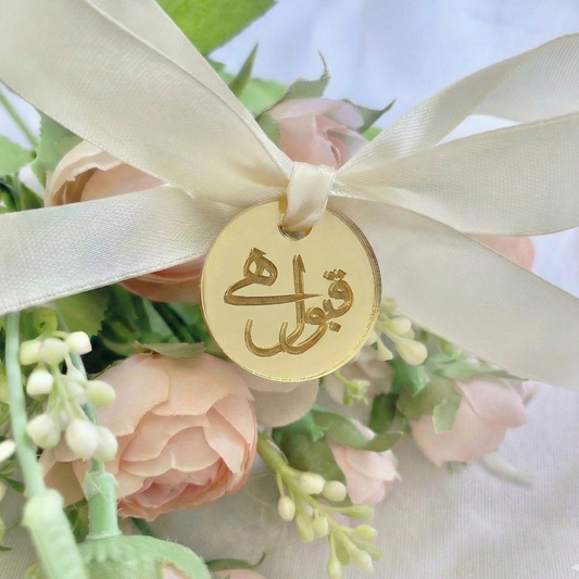Quabool Hai in Urdu gold mirror acrylic tags