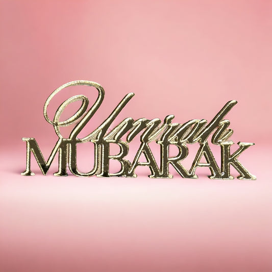Umrah Mubarak Cake Charm - gold mirror acrylic