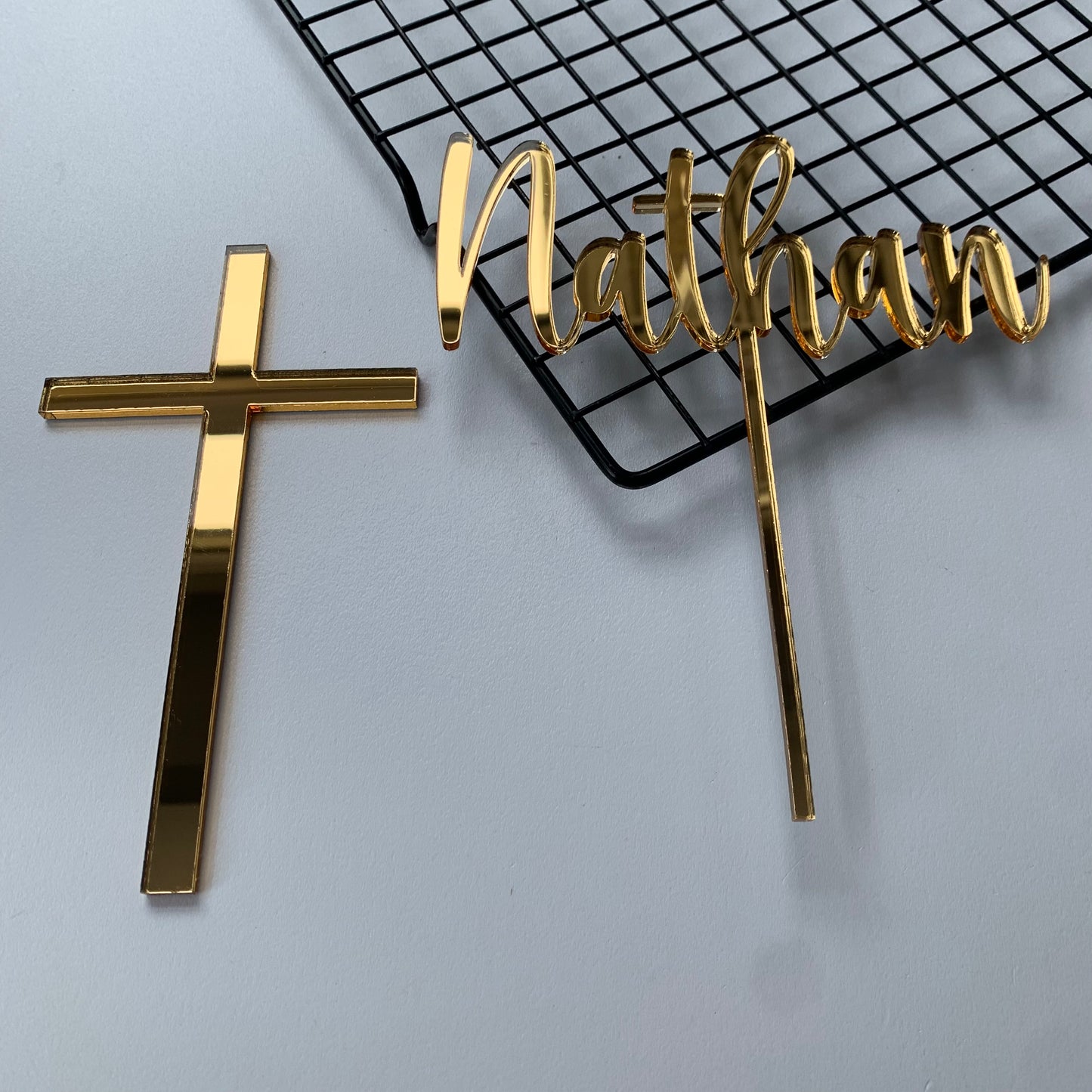 Cross charm and name topper in gold mirror acrylic MEG cookie cutters