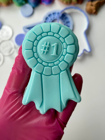 Rosette award deboss and matching cutter + mini stamp deboss