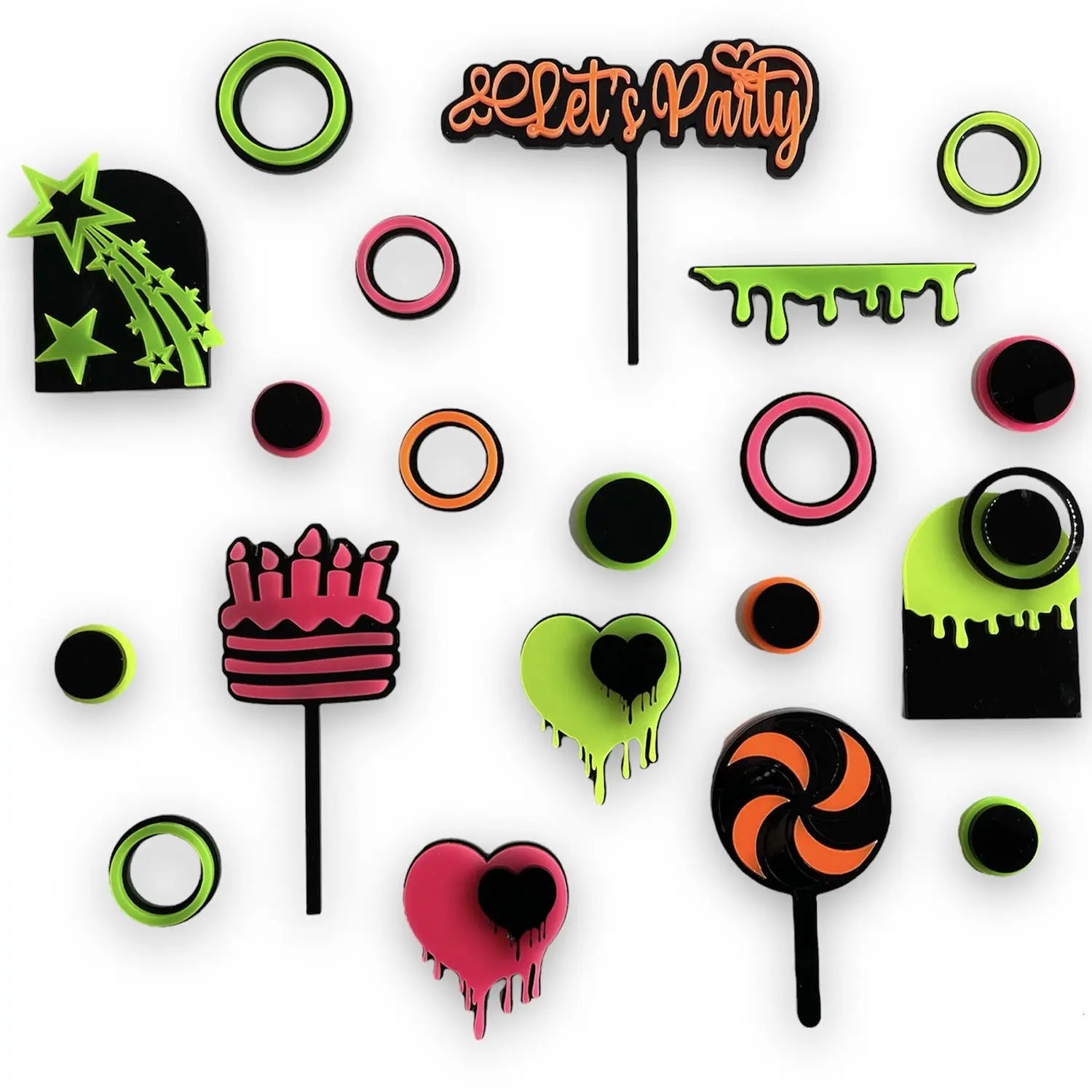 Glow Neon Let's Party set toppers and charms MEG cookie cutters