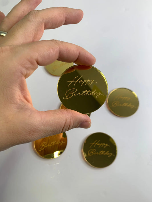 Happy Birthday disk - gold mirror acrylic MEG cookie cutters