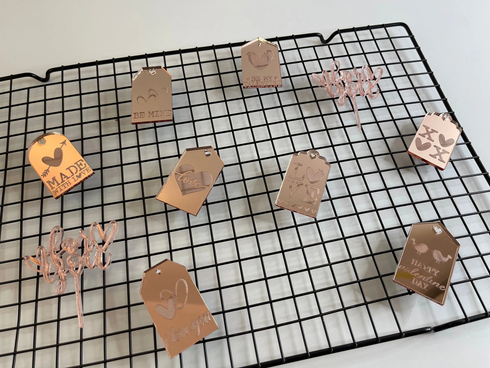 Valentine's day - rose gold mirror acrylic - tags - charm MEG cookie cutters