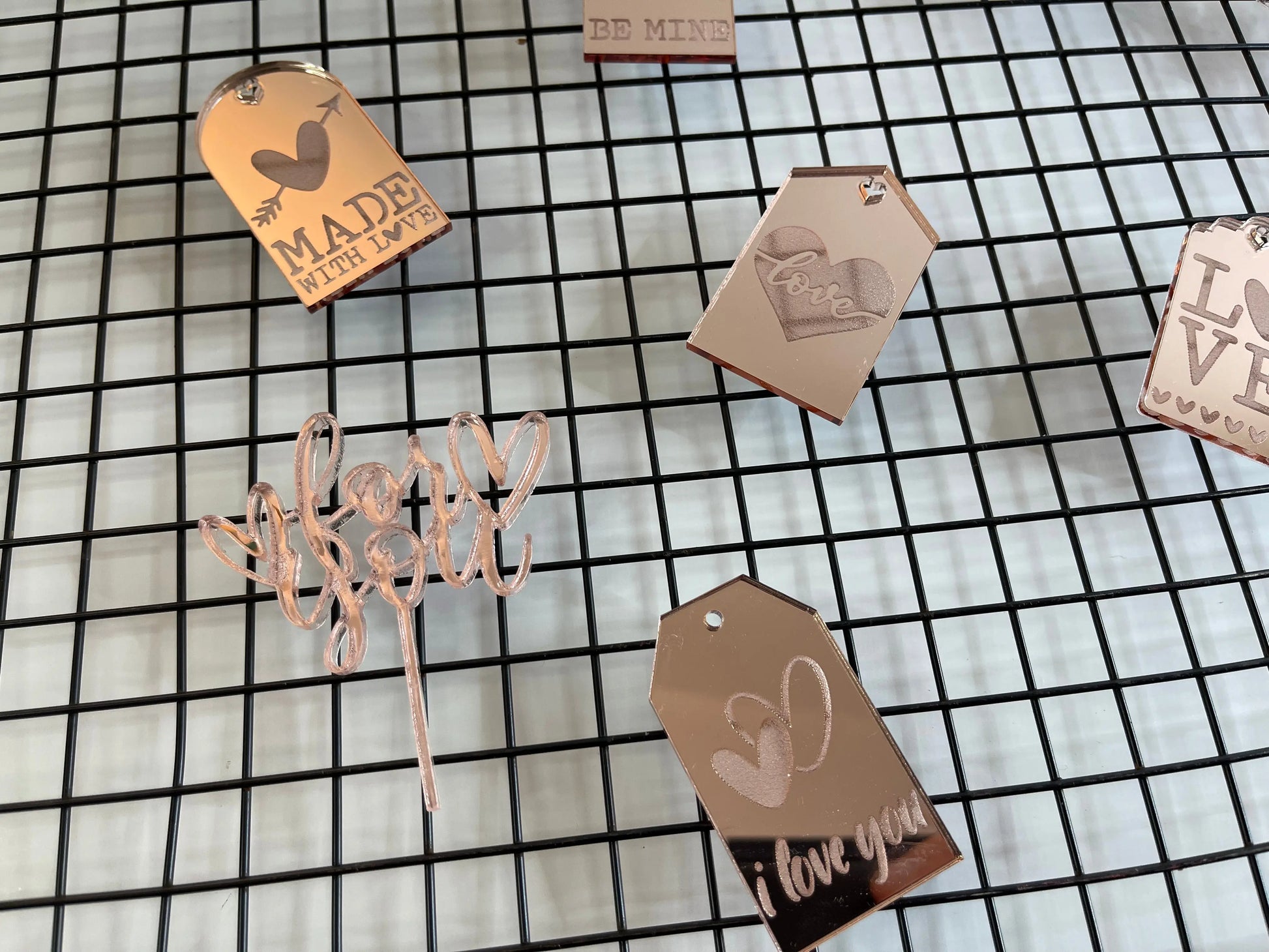 Valentine's day - rose gold mirror acrylic - tags - charm MEG cookie cutters