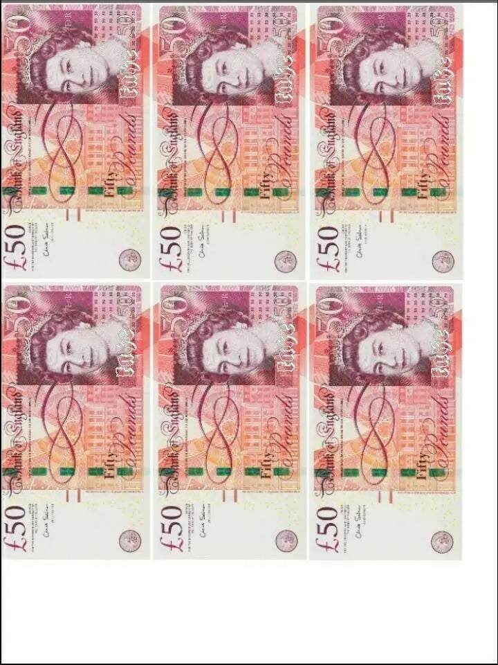 money 50 GBP pound notes  - Edible icing topper - sheet size 21 cm x 29 cm A4 MEG cookie cutters